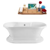  60'' Oval Freestanding Soaking Tub In White With Chrome External Drain and FREE Natural Bamboo Wooden Tray, 60''W x 32''D x 22-13/16''H