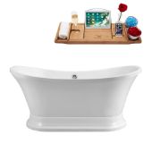  60'' Oval Freestanding Soaking Tub In White With Chrome External Drain and FREE Natural Bamboo Wooden Tray, 60''W x 32''D x 26-3/8''H
