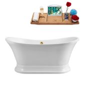  68'' Oval Freestanding Soaking Tub In White With Gold External Drain and FREE Natural Bamboo Wooden Tray, 68''W x 34''D x 26-13/16''H