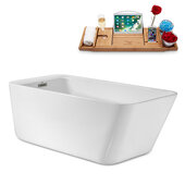  N2020 63'' Modern Rectangular Soaking Freestanding Bathtub, White Exterior, White Interior, Brushed Nickel Drain, with Bamboo Tray
