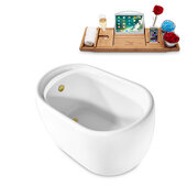  N2040 51'' Modern Oval Soaking Freestanding Bathtub, White Exterior, White Interior, Gold Internal Drain, with Bamboo Tray