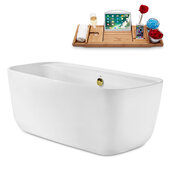  N2060 59'' Modern Oval Soaking Freestanding Bathtub, White Exterior, White Interior, Gold Internal Drain, with Bamboo Tray