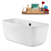  N2060 59'' Modern Oval Soaking Freestanding Bathtub, White Exterior, White Interior, Oil Rubbed Bronze Drain, with Bamboo Tray