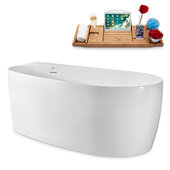  N2080 59'' Modern Oval Soaking Freestanding Bathtub, White Exterior, White Interior, Gold Internal Drain, with Bamboo Tray