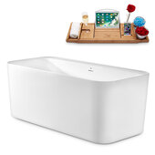  N2100 59'' Modern Rectangular Soaking Freestanding Bathtub, White Exterior, White Interior, Gold Internal Drain, with Bamboo Tray