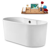  N2120 59'' Modern Oval Soaking Freestanding Bathtub, White Exterior, White Interior, Brushed Nickel Internal Drain, with Bamboo Tray