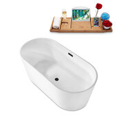  N2180 62'' Modern Oval Soaking Freestanding Bathtub, White Exterior, White Interior, Black Internal Drain, with Bamboo Tray