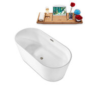  N2180 62'' Modern Oval Soaking Freestanding Bathtub, White Exterior, White Interior, Brushed Nickel Internal Drain, with Bamboo Tray