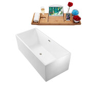  N260 66'' Modern Rectangle Soaking Freestanding Bathtub, White Exterior, White Interior, Brushed Nickel Drain, with Bamboo Tray