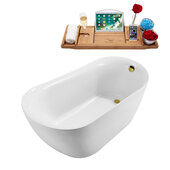  N280 59'' Modern Oval Soaking Freestanding Bathtub, White Exterior, White Interior, Gold Internal Drain, with Bamboo Tray