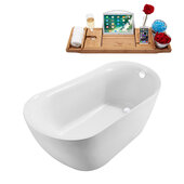  N280 59'' Modern Oval Soaking Freestanding Bathtub, White Exterior, White Interior, White Internal Drain, with Bamboo Tray