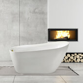  N281 67'' Modern Oval Soaking Freestanding Bathtub, White Exterior, White Interior, Gold Internal Drain, with Bamboo Tray