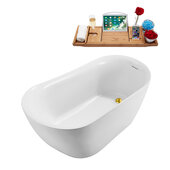  N290 59'' Modern Oval Soaking Freestanding Bathtub, White Exterior, White Interior, Gold Internal Drain, with Bamboo Tray