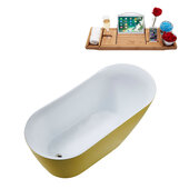  N291 59'' Modern Oval Soaking Freestanding Bathtub, Yellow Exterior, White Interior, Nickel Internal Drain, with Bamboo Tray