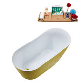  N291 59'' Modern Oval Soaking Freestanding Bathtub, Yellow Exterior, White Interior, Gold Internal Drain, with Bamboo Tray