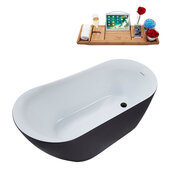  N292 59'' Modern Oval Soaking Freestanding Bathtub, Grey Exterior, White Interior, Black Internal Drain, with Bamboo Tray