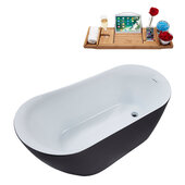  N292 59'' Modern Oval Soaking Freestanding Bathtub, Grey Exterior, White Interior, Chrome Internal Drain, with Bamboo Tray