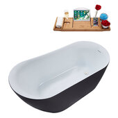  N292 59'' Modern Oval Soaking Freestanding Bathtub, Grey Exterior, White Interior, White Internal Drain, with Bamboo Tray