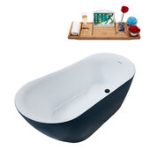 N293 59'' Modern Oval Soaking Freestanding Bathtub, Light Blue Exterior, White Interior, Black Internal Drain, with Bamboo Tray