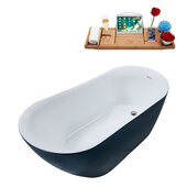  N293 59'' Modern Oval Soaking Freestanding Bathtub, Light Blue Exterior, White Interior, Nickel Internal Drain, with Bamboo Tray