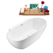  N300 59'' Modern Oval Soaking Freestanding Bathtub, White Exterior, White Interior, Brushed Nickel Internal Drain, with Bamboo Tray