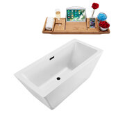  N320 60'' Modern Rectangle Soaking Freestanding Bathtub, White Exterior, White Interior, Black Internal Drain, with Bamboo Tray