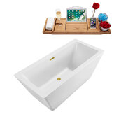  N320 60'' Modern Rectangle Soaking Freestanding Bathtub, White Exterior, White Interior, Gold Internal Drain, with Bamboo Tray