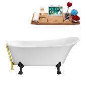 67'' Soaking Tub In White, With Black Clawfoot, Included Gold External Drain and FREE Natural Bamboo Wooden Tray, 66-7/8''W x 31-1/2''D x 31-1/2''H