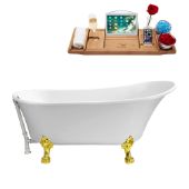  67'' Soaking Tub In White, With Gold Clawfoot, Included Chrome External Drain and FREE Natural Bamboo Wooden Tray, 66-7/8''W x 31-1/2''D x 31-1/2''H