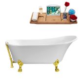  67'' Soaking Tub In White, With Gold Clawfoot, Included Gold External Drain and FREE Natural Bamboo Wooden Tray, 66-7/8''W x 31-1/2''D x 31-1/2''H