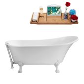  67'' Soaking Tub In White, With White Clawfoot, Included Chrome External Drain and FREE Natural Bamboo Wooden Tray, 66-7/8''W x 31-1/2''D x 31-1/2''H