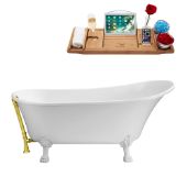  67'' Soaking Tub In White, With White Clawfoot, Included Gold External Drain and FREE Natural Bamboo Wooden Tray, 66-7/8''W x 31-1/2''D x 31-1/2''H