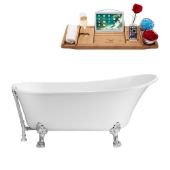  59'' Soaking Tub In White, With Chrome Clawfoot, Included Chrome External Drain and FREE Natural Bamboo Wooden Tray, 59-1/8''W x 27-5/8''D x 30-1/8''H