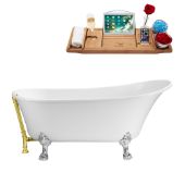  59'' Soaking Tub In White, With Chrome Clawfoot, Included Gold External Drain and FREE Natural Bamboo Wooden Tray, 59-1/8''W x 27-5/8''D x 30-1/8''H