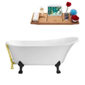  63'' Soaking Tub In White, With Black Clawfoot, Included Gold External Drain and FREE Natural Bamboo Wooden Tray, 63''W x 28-5/16''D x 29-1/2''H