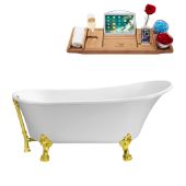  63'' Soaking Tub In White, With Gold Clawfoot, Included Gold External Drain and FREE Natural Bamboo Wooden Tray, 63''W x 28-5/16''D x 29-1/2''H