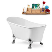  N347 59'' Vintage Oval Soaking Clawfoot Bathtub, White Exterior, White Interior, Chrome Clawfoot, Gold Drain, with Bamboo Tray