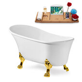  N347 59'' Vintage Oval Soaking Clawfoot Bathtub, White Exterior, White Interior, Gold Clawfoot, Gold Internal Drain, with Bamboo Tray