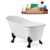  N348 63'' Vintage Oval Soaking Clawfoot Bathtub, White Exterior, White Interior, Black Clawfoot, Gold Drain, with Bamboo Tray