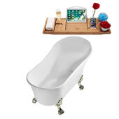  N348 63'' Vintage Oval Soaking Clawfoot Tub, White Exterior, White Interior, Brushed Nickel Clawfoot, Gold Drain, w/ Bamboo Tray