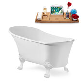  N348 63'' Vintage Oval Soaking Clawfoot Bathtub, White Exterior, White Interior, White Clawfoot, Gold Drain, with Bamboo Tray
