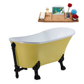  N350 63'' Vintage Oval Soaking Clawfoot Bathtub, Yellow Exterior, White Interior, Black Clawfoot, Black External Drain, w/ Tray