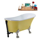  N350 63'' Vintage Oval Soaking Clawfoot Bathtub, Yellow Exterior, White Interior, Nickel Clawfoot, Black External Drain, w/ Tray