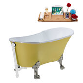  N350 63'' Vintage Oval Soaking Clawfoot Bathtub, Yellow Exterior, White Interior, Nickel Clawfoot, White External Drain, w/ Tray