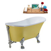  N350 63'' Vintage Oval Soaking Clawfoot Bathtub, Yellow Exterior, White Interior, Chrome Clawfoot, Nickel External Drain, w/ Tray