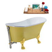  N350 63'' Vintage Oval Soaking Clawfoot Bathtub, Yellow Exterior, White Interior, Gold Clawfoot, Nickel External Drain, w/ Tray
