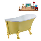  N350 63'' Vintage Oval Soaking Clawfoot Bathtub, Yellow Exterior, White Interior, Gold Clawfoot, Gold External Drain, w/ Tray