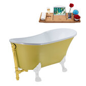  N350 63'' Vintage Oval Soaking Clawfoot Bathtub, Yellow Exterior, White Interior, White Clawfoot, Gold External Drain, w/ Tray