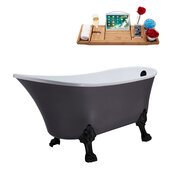  N351 63'' Vintage Oval Soaking Clawfoot Bathtub, Grey Exterior, White Interior, Black Clawfoot, Black External Drain, w/ Tray