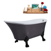  N351 63'' Vintage Oval Soaking Clawfoot Bathtub, Grey Exterior, White Interior, Black Clawfoot, Nickel External Drain, w/ Tray
